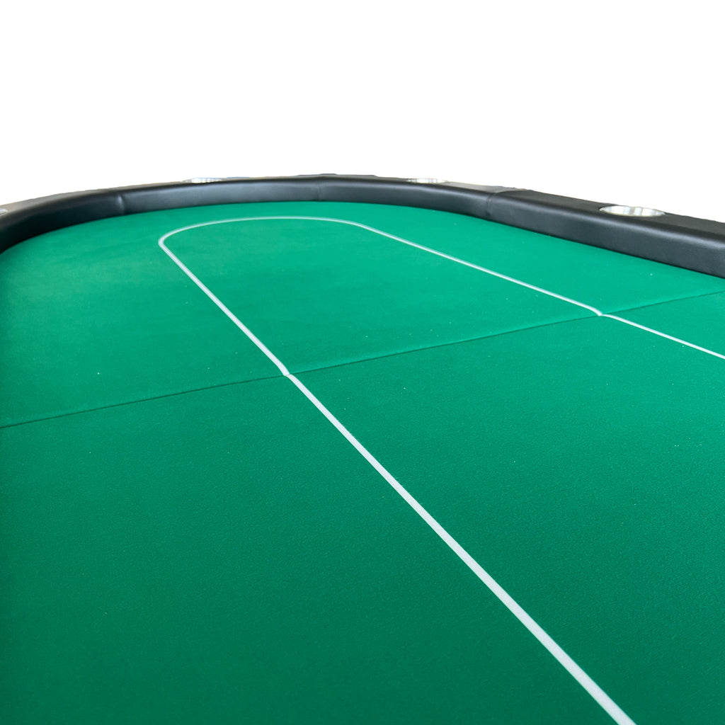 Folding green felt poker table with ten seats, limited edition Anthony & Home gaming table for card and casino games.