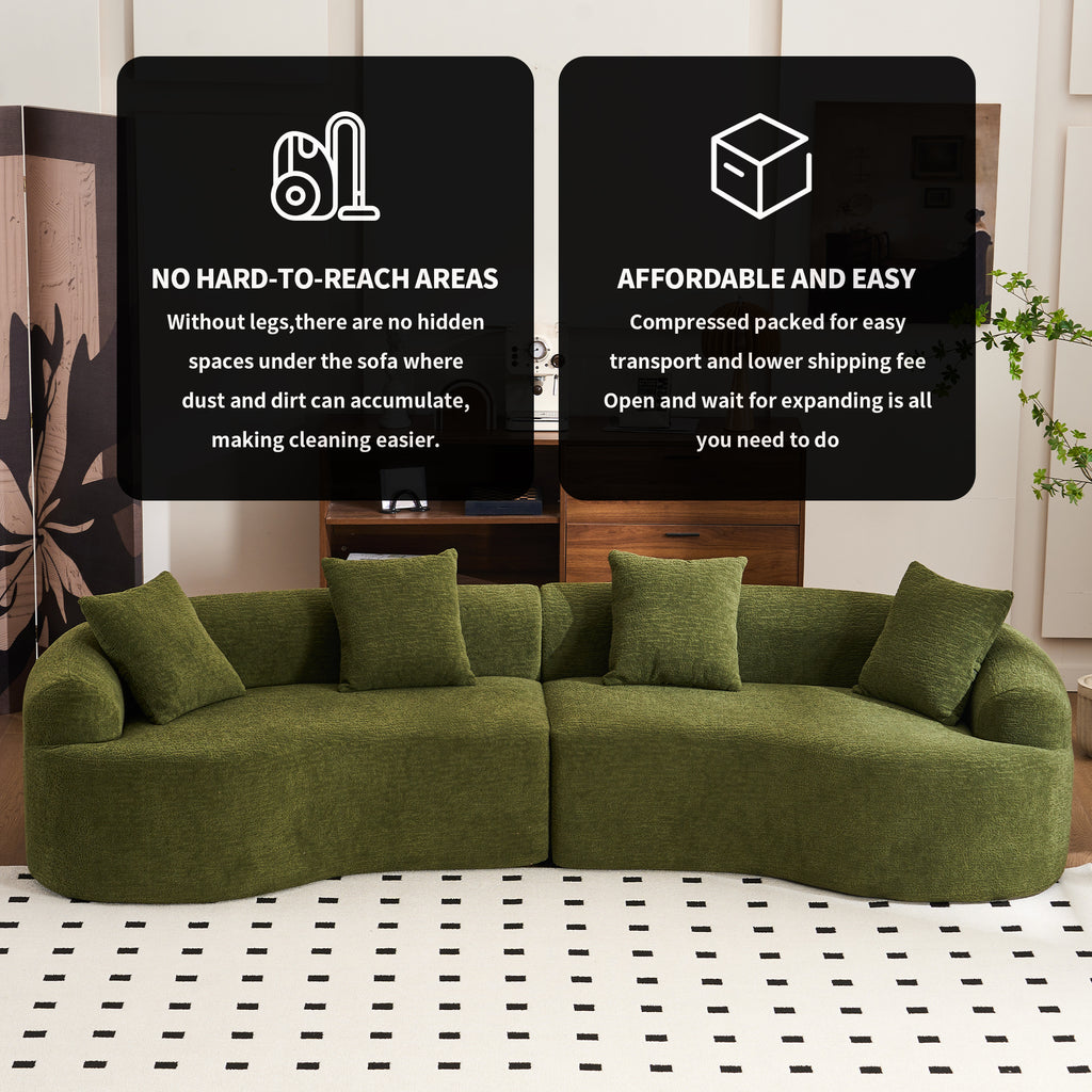 Forest green Atelier curved modular sectional sofa by Anthony & Home, featuring plush cushions and modern design.