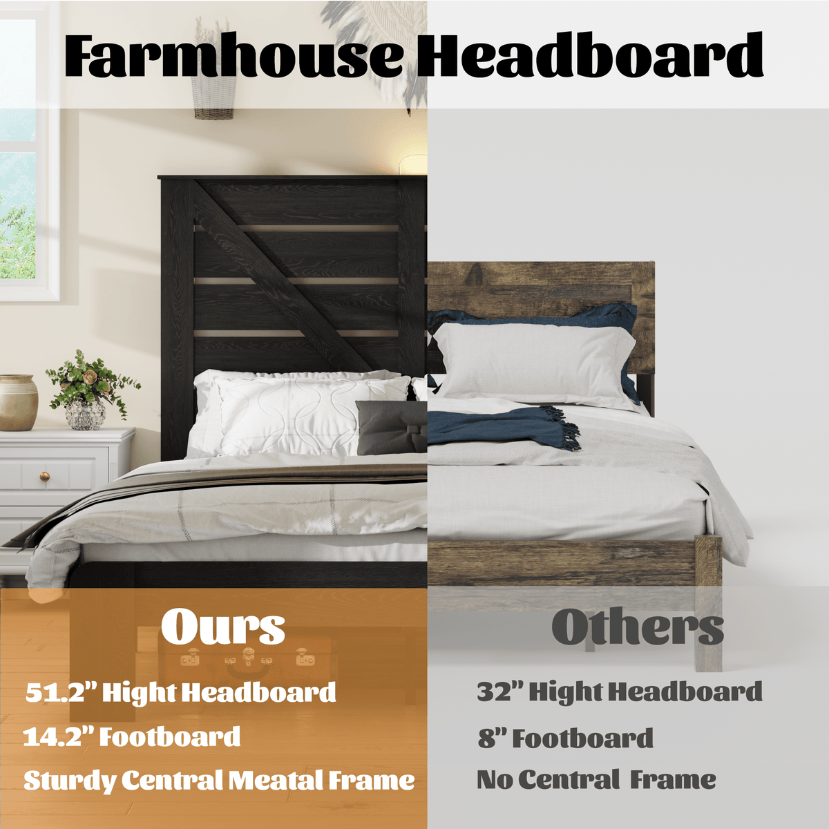 Walnut wood full bed frame from Anthony & Home Studio Collection, showcasing a sturdy, stylish design with a natural wood finish.