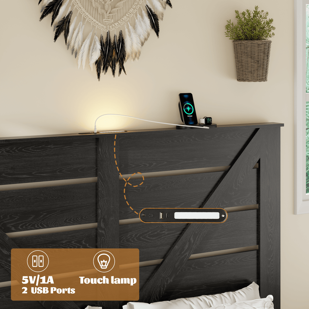 Walnut wood full bed frame from Anthony & Home Studio Collection with a modern, sturdy design and sleek headboard.