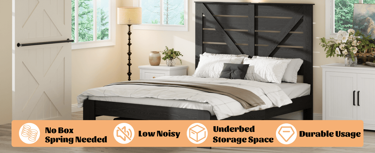 Walnut wood full bed frame from Anthony & Home Studio Collection, showcasing a sturdy wooden bed with a sleek, modern design.