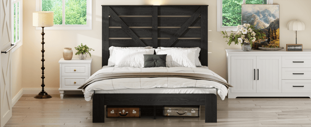 Walnut wood full bed frame from Anthony & Home Studio Collection with sleek, modern design and sturdy construction.
