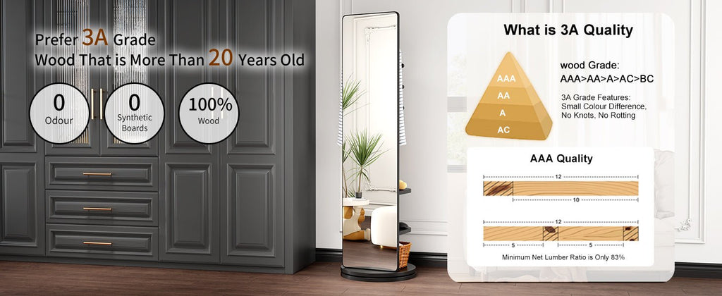 Anthony & Home full-length mirror with 360 rotation, elegant home decor for entranceways and bedrooms, showcasing a sleek, stylish design.