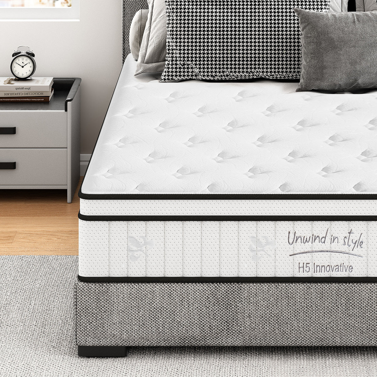 Full-size Anthony & Home hybrid mattress with pocketed innerspring and plush fabric, showcasing the comfortable sleep surface.