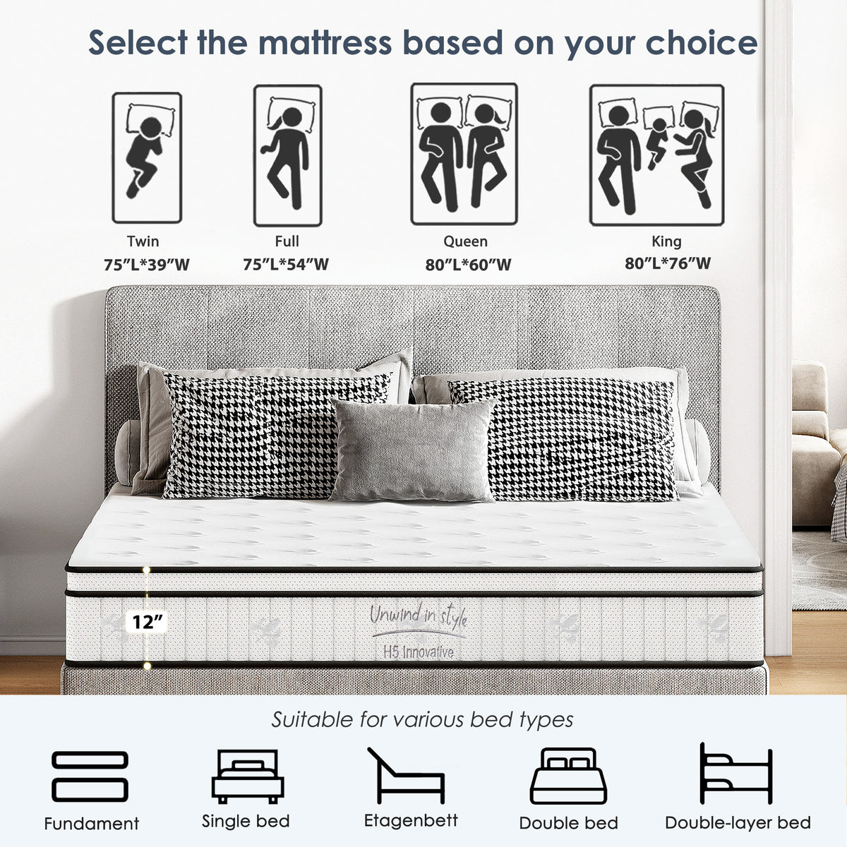 Full-size Anthony & Home hybrid mattress with pocketed innerspring coils, part of the Signature Collection for refined sleep comfort.