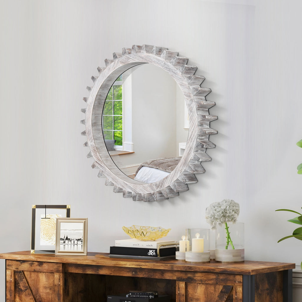 Antique white washed wood gear round mirror with a vintage studio style, designed by Anthony & Home.