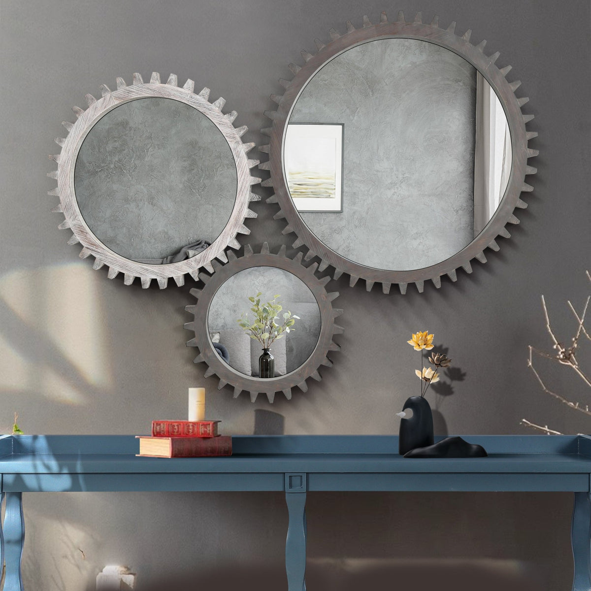 Antique white washed wood round mirror with a gear-inspired frame, ideal for studio or vintage decor by Anthony & Home