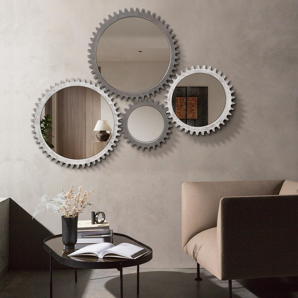 Antique white washed wood gear round mirror with vintage-inspired design, perfect for studio or modern interior decor.