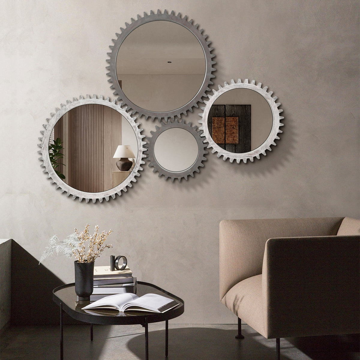 Antique white washed wood gear round mirror with vintage-inspired design, perfect for studio or modern interior decor.