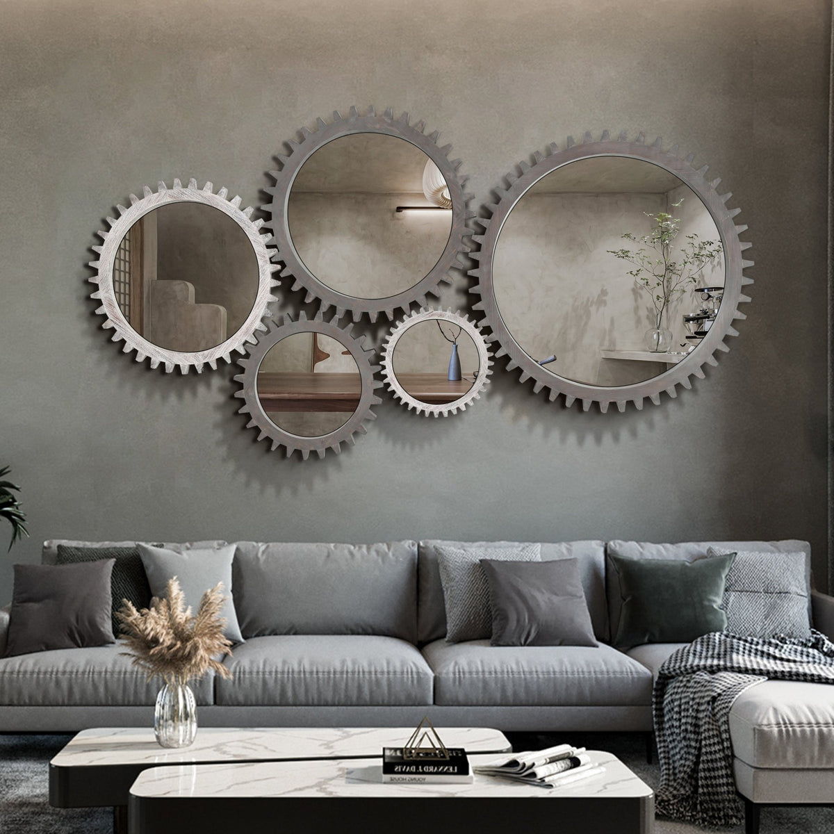 Antique white washed wood gear-shaped round mirror from Anthony & Home, ideal for vintage or rustic studio decor.