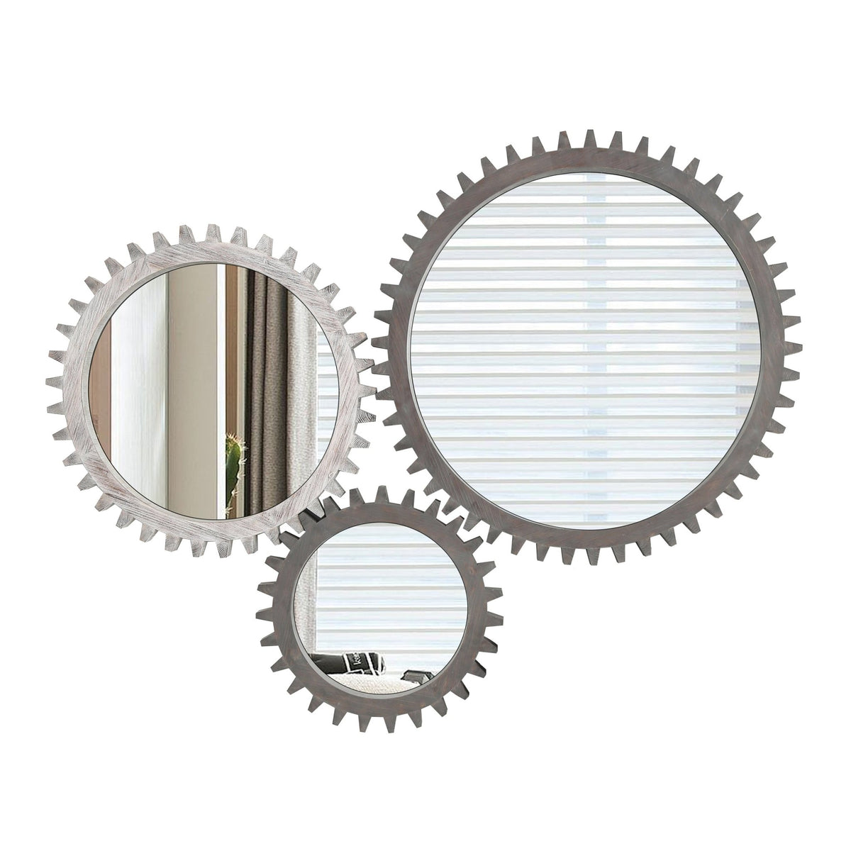 Antique white washed wood Gear Round Mirror from Anthony & Home, featuring a vintage-inspired industrial design for studio decor.