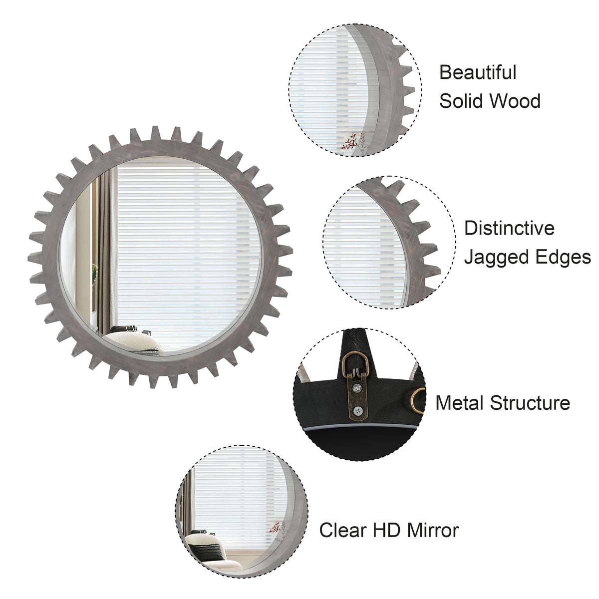 Antique white washed wood Gear round mirror with a vintage-inspired design, suitable for studio or home decor by Anthony & Home