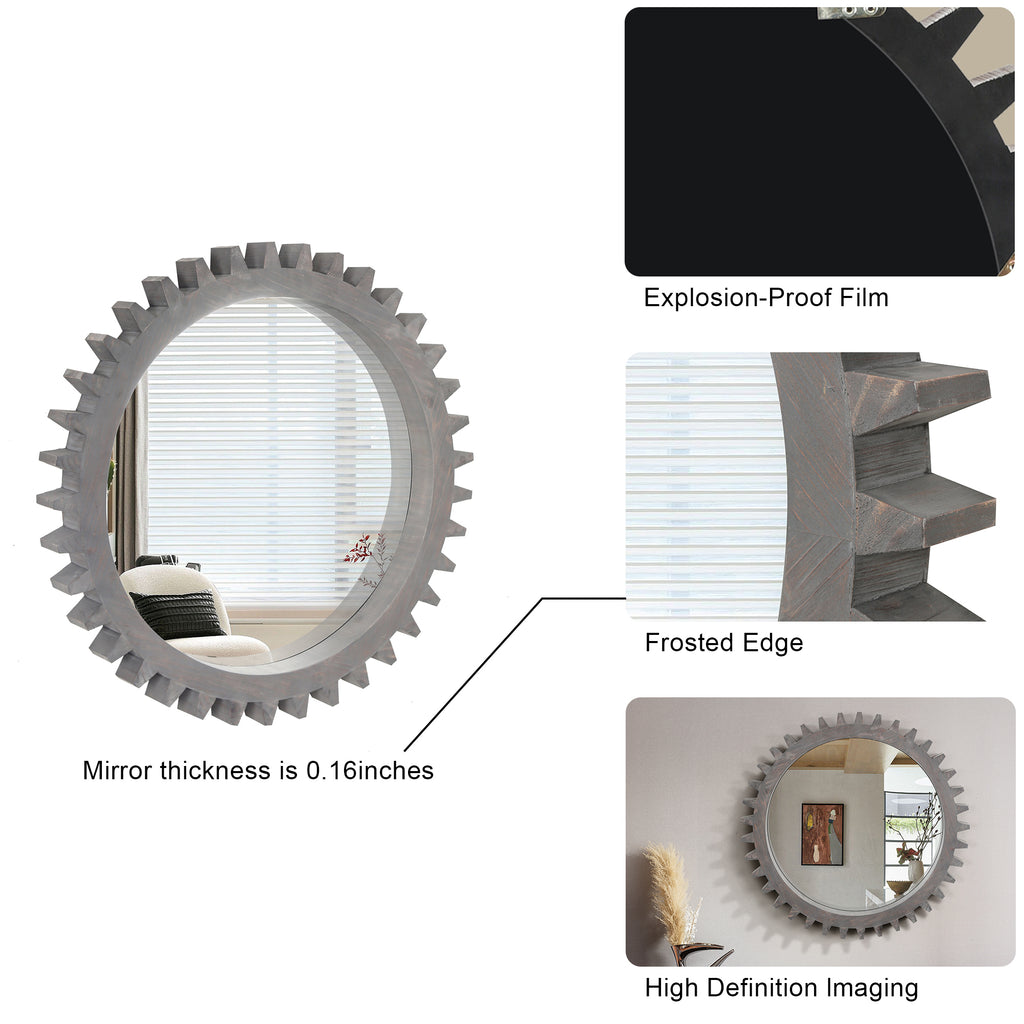 Round antique white washed wood mirror from Anthony & Home, studio style with a vintage-inspired design.