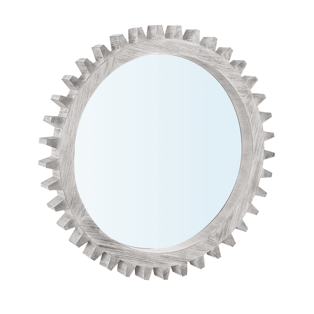 Antique white washed wood gear-shaped round mirror from Anthony & Home, suitable for studio or vintage decor.