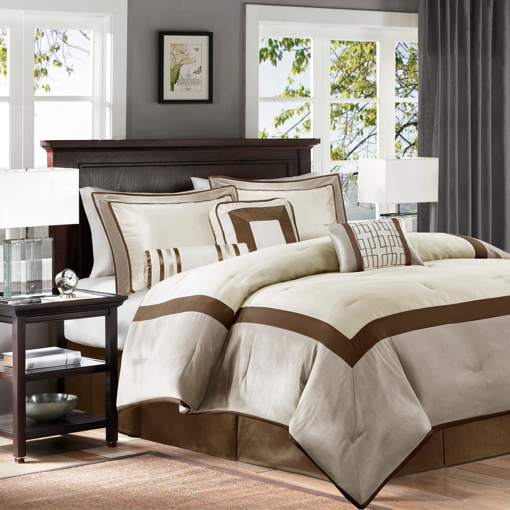Genevieve Polyoni taupe comforter set by Anthony & Home, king size with plush fabric and elegant design.