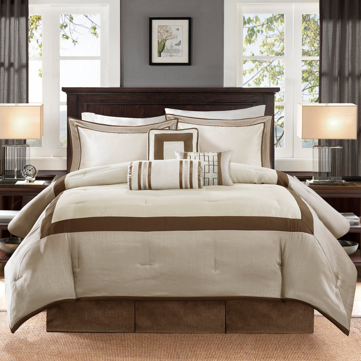 Genevieve Polyoni Taupe King comforter set by Anthony & Home with plush fabric and elegant design, shown in a cozy bedroom setting.