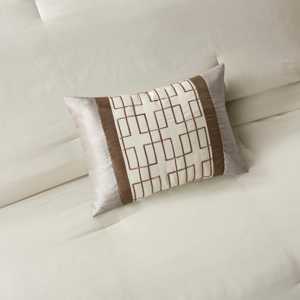 Genevieve Polyoni taupe comforter set by Anthony & Home, luxurious king size bedding with plush fabric and elegant design.