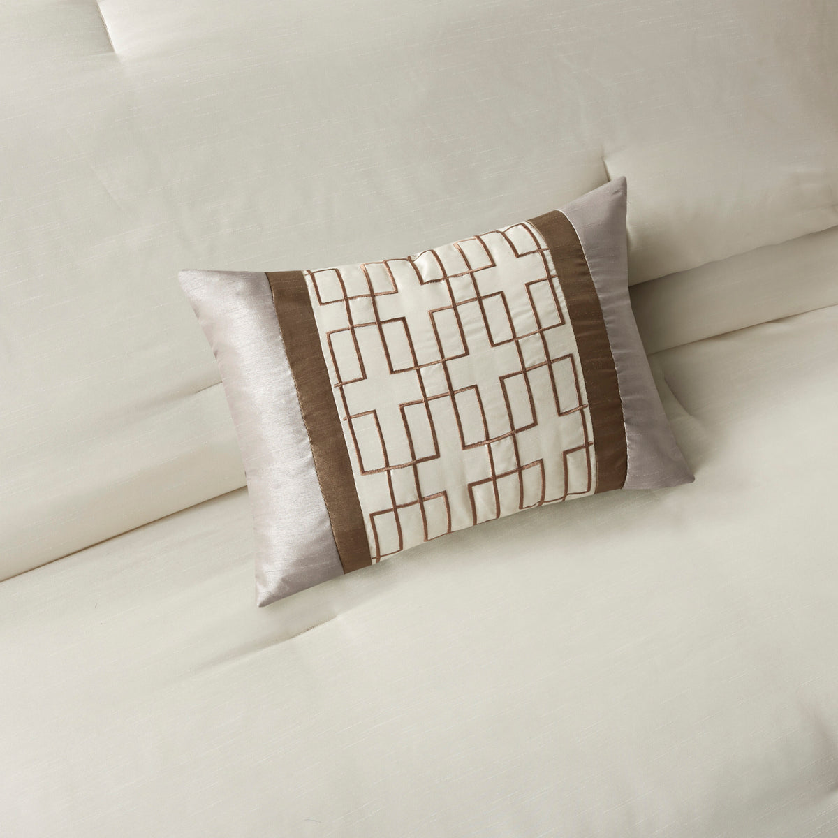 Genevieve Polyoni taupe comforter set by Anthony & Home, luxurious king size bedding with plush fabric and elegant design.
