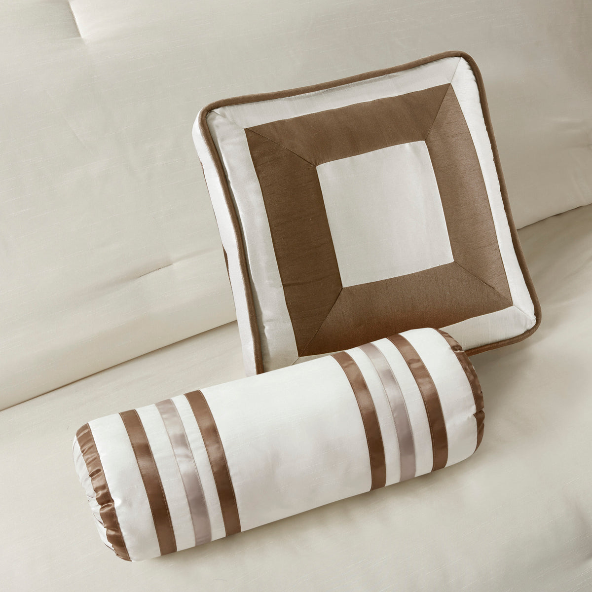 Genevieve Polyoni taupe luxury comforter set in king size by Anthony & Home, featuring plush fabric and elegant design.