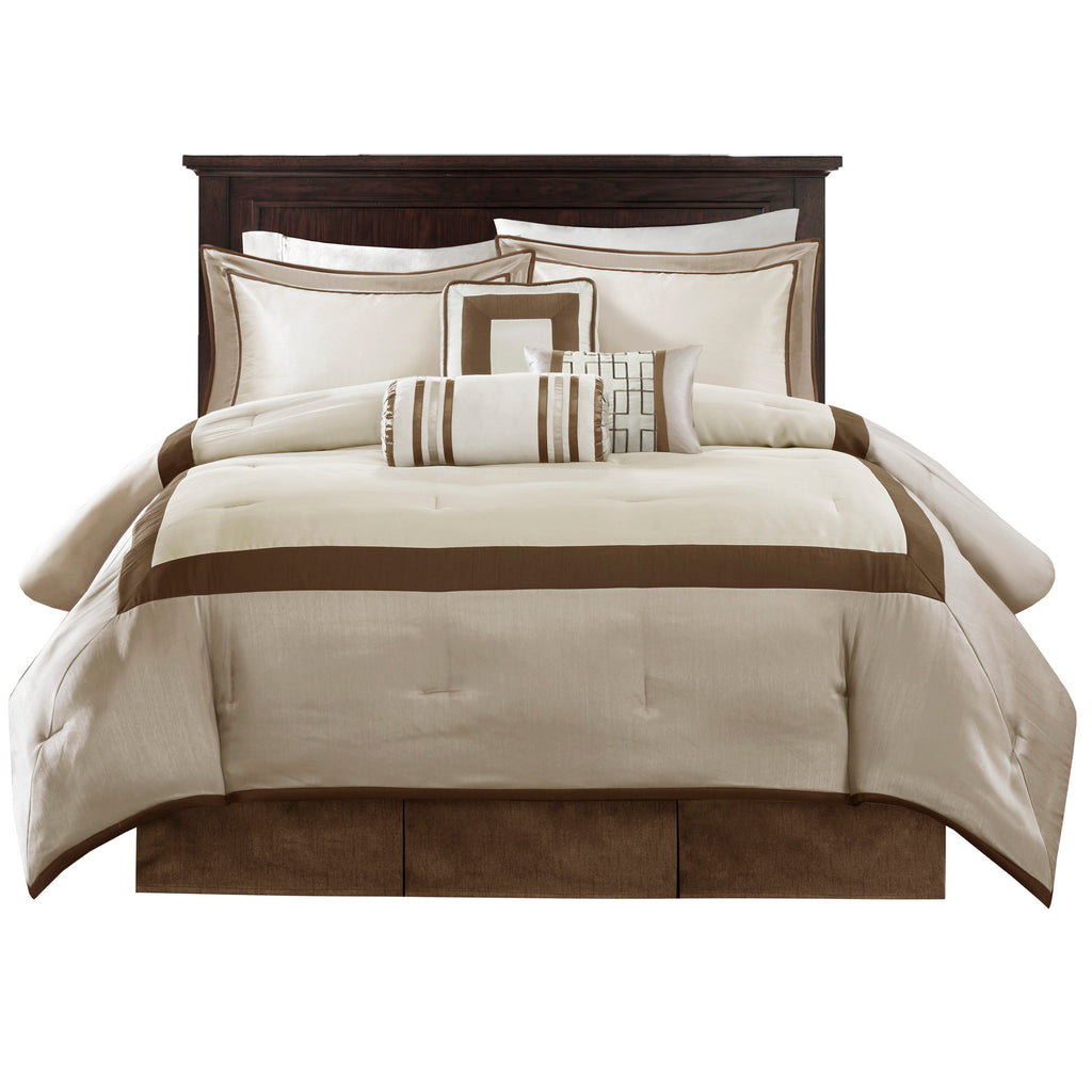 Genevieve Polyoni taupe comforter set by Anthony & Home in king size, featuring plush fabric and elegant design.