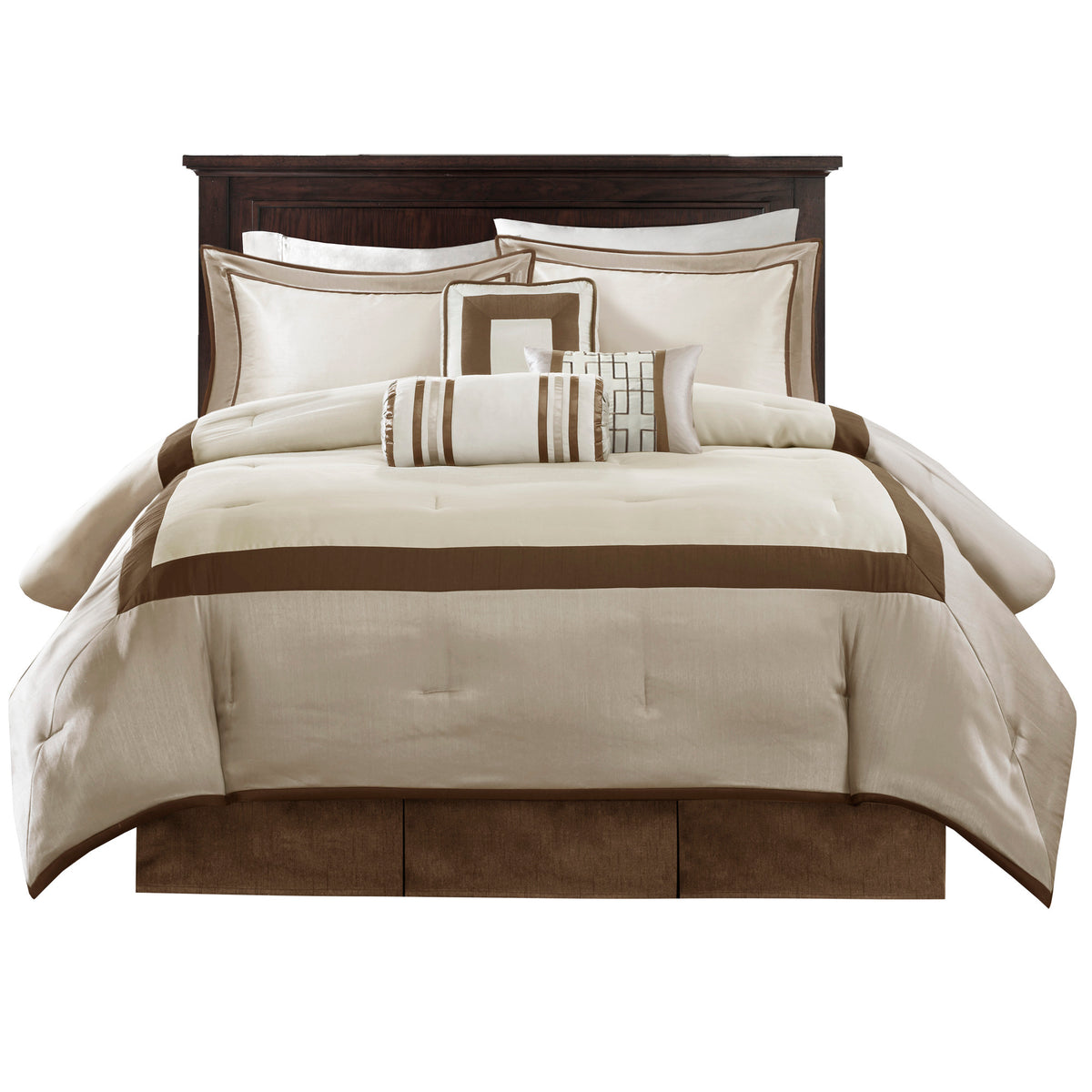 Genevieve Polyoni taupe comforter set by Anthony & Home in king size, featuring plush fabric and elegant design.