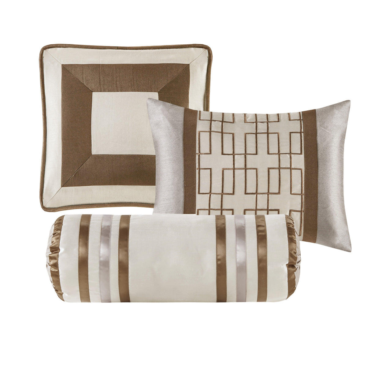 Genevieve Polyoni taupe comforter set by Anthony & Home, king size, with plush fabric and elegant design, limited edition bedding ensemble.