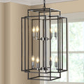 Geometric chrome pendant chandelier with 8 lights, modern design, hanging in a contemporary interior by Anthony & Home.