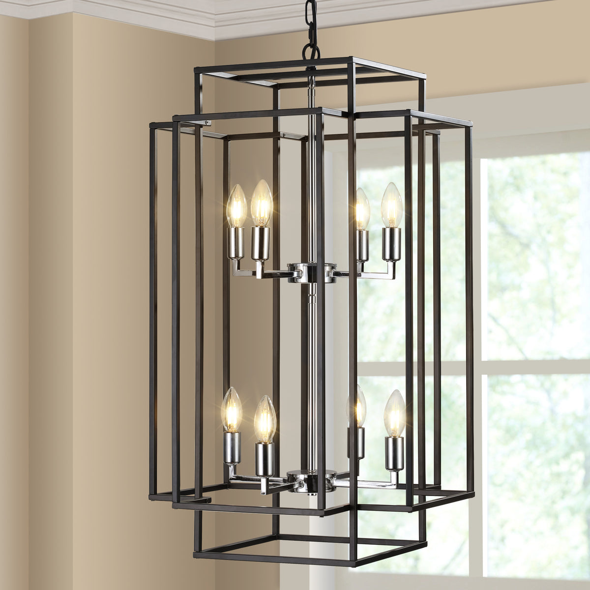 Geometric chrome pendant chandelier with 8 lights, modern design, hanging in a contemporary interior by Anthony & Home.