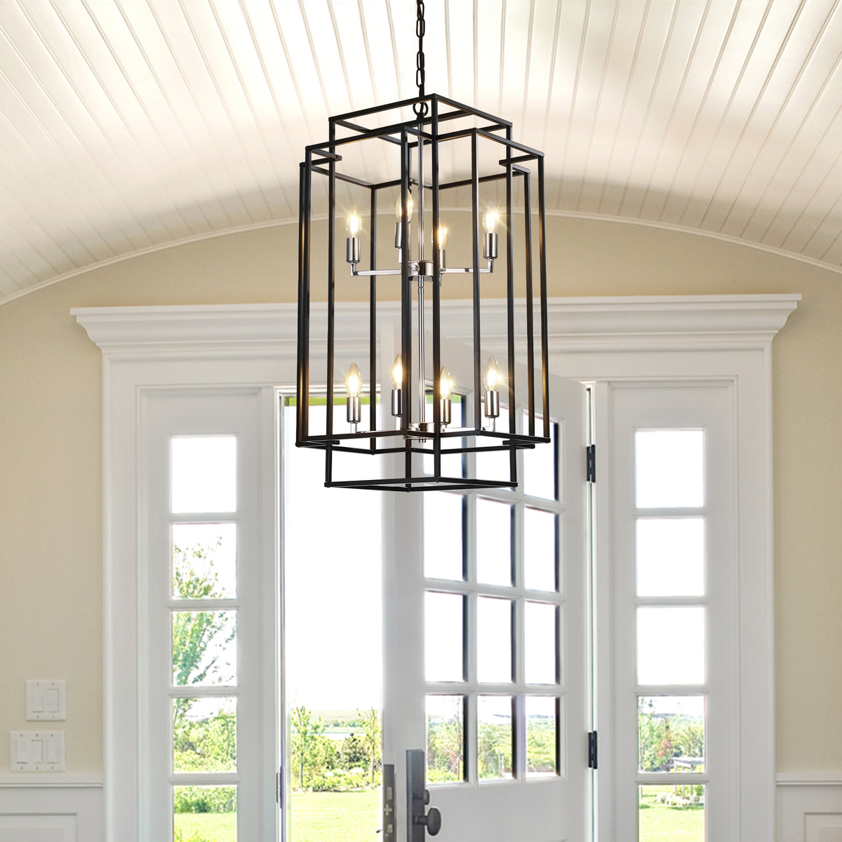 Anthony & Home geometric chrome pendant chandelier with 8 lights, modern industrial design, featuring a sleek metallic finish.