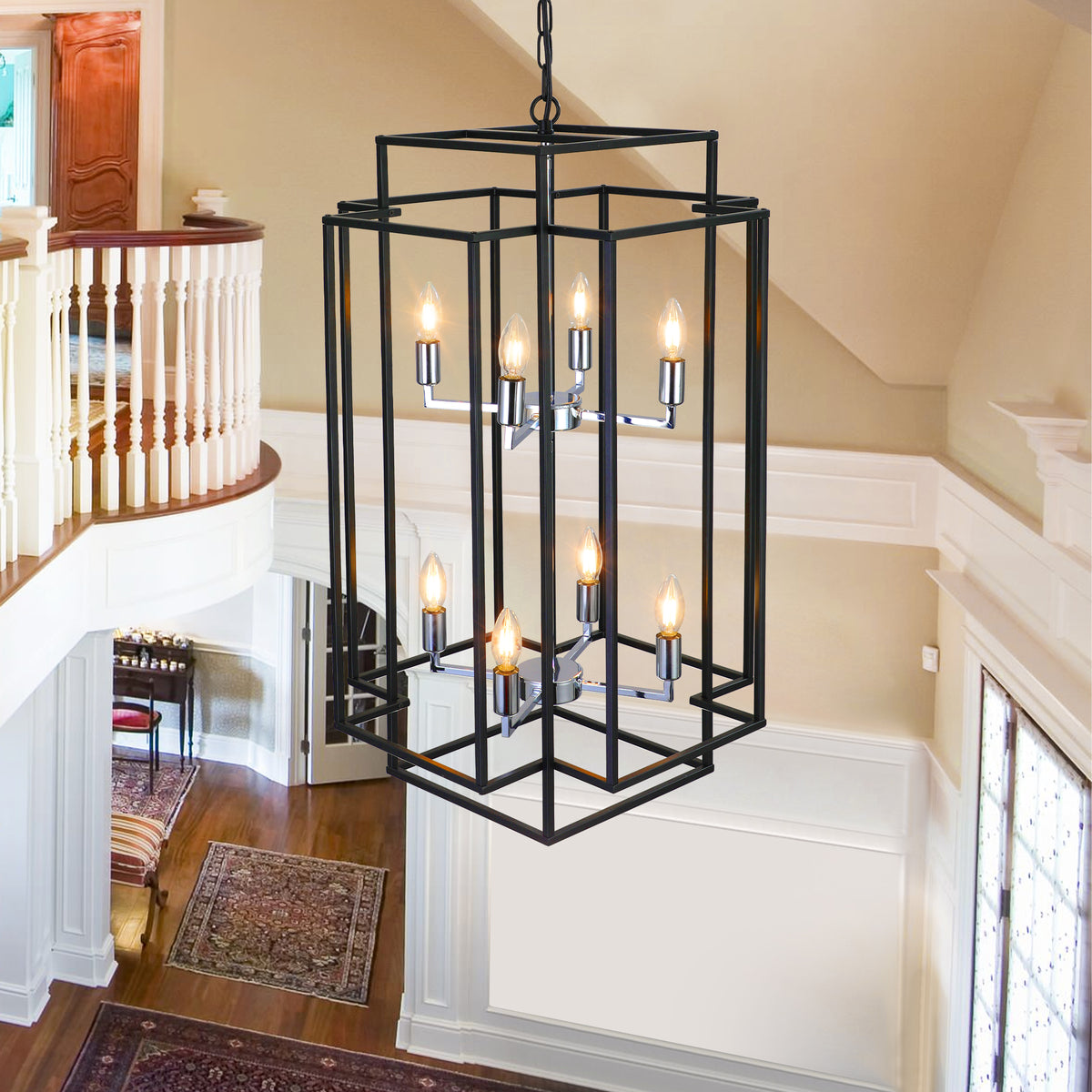 Geometric chrome pendant chandelier with 8 lights, modern design, Atelier style, by Anthony & Home, hanging fixture with sleek metal finish.