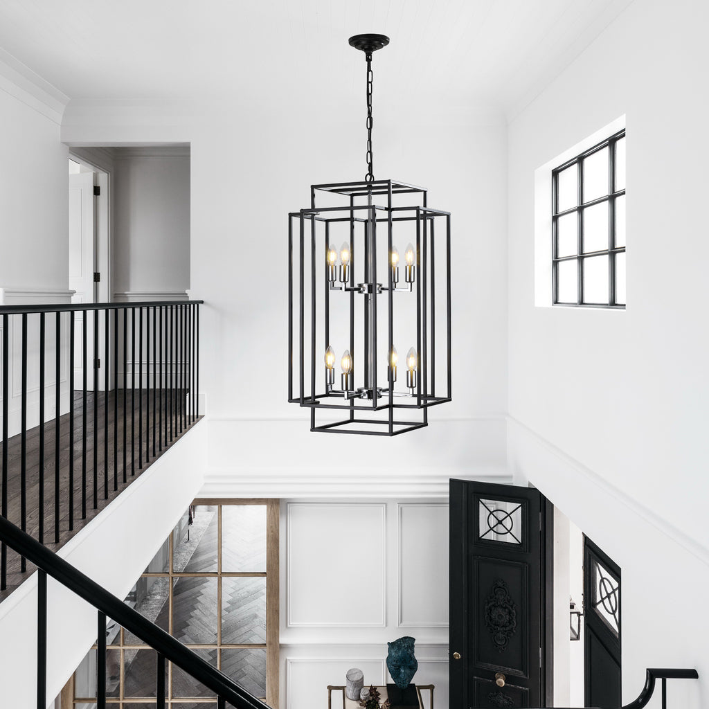 Geometric chrome pendant chandelier with 8 lights from Anthony & Home, modern design for contemporary living spaces.