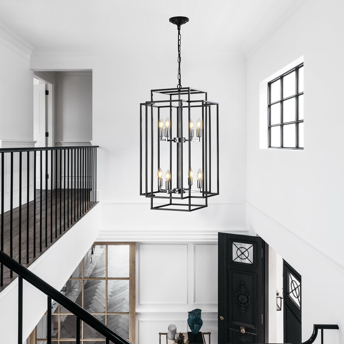 Geometric chrome pendant chandelier with 8 lights from Anthony & Home, modern design for contemporary living spaces.