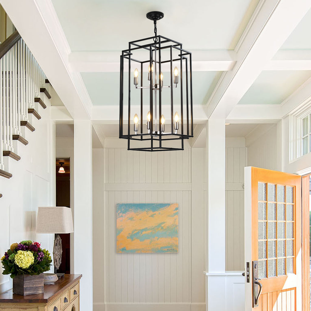 Geometric chrome 8-light pendant chandelier by Anthony & Home with modern, sleek design for contemporary interiors.