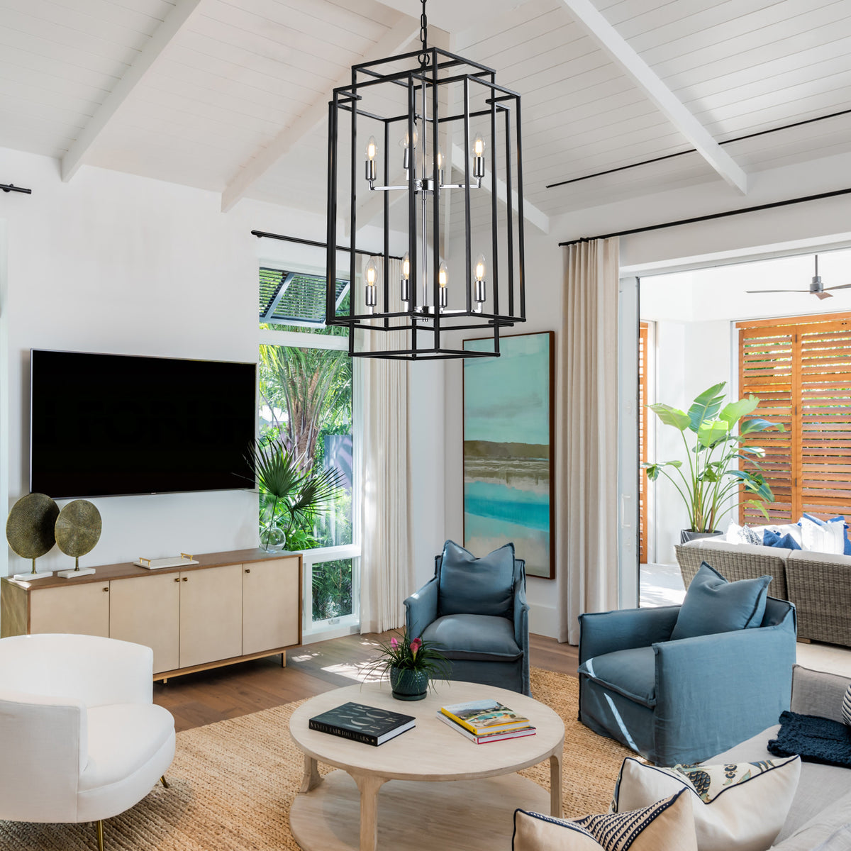 Geometric chrome pendant chandelier with 8 lights from Anthony & Home, modern design for contemporary interior lighting.