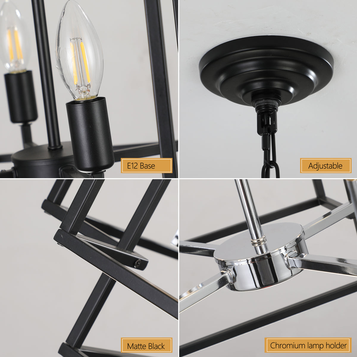 Geometric chrome pendant chandelier with 8 lights, modern design, hanging in contemporary interior, by Anthony & Home.