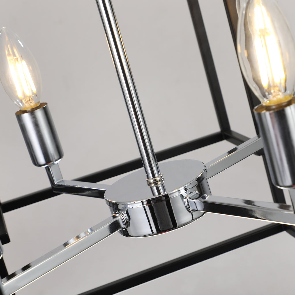 Geometric chrome pendant chandelier with 8 lights, modern atelier style, by Anthony & Home, hanging with visible light bulbs and sleek design.