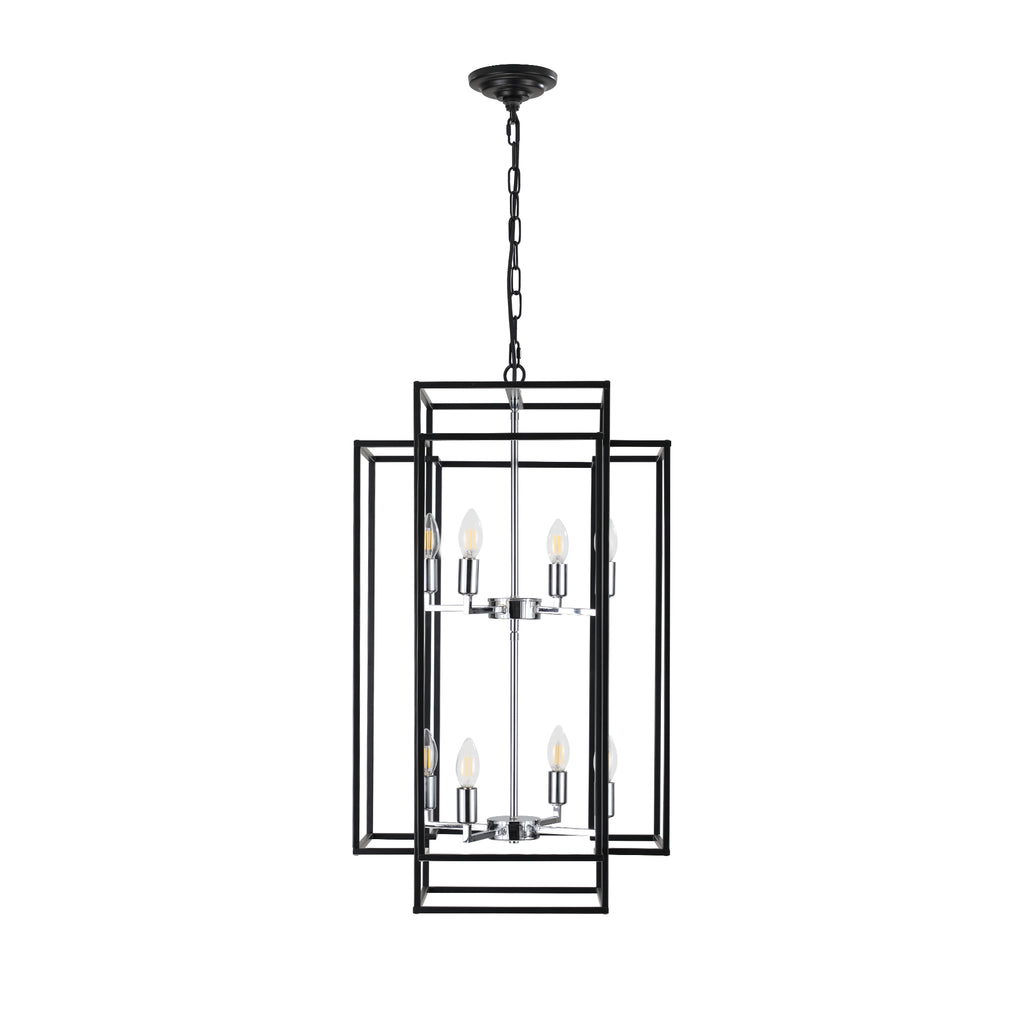 Geometric chrome pendant chandelier with 8 lights, modern Anthony & Home Atelier design, featuring sleek metallic geometric shapes.