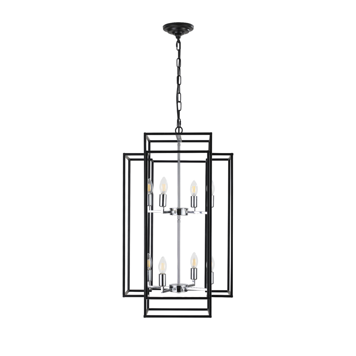 Geometric chrome pendant chandelier with 8 lights, modern Anthony & Home Atelier design, featuring sleek metallic geometric shapes.