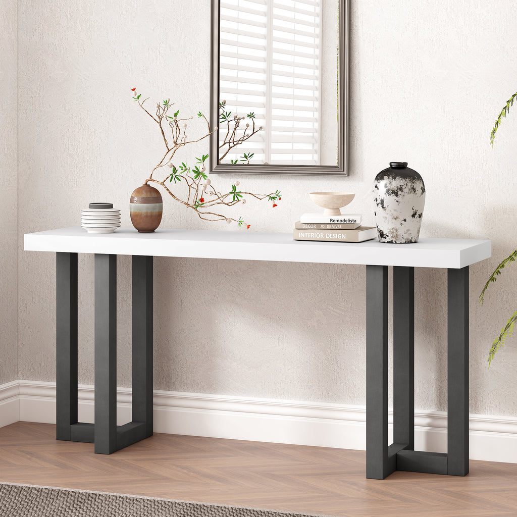 Geometric console table with solid pine legs from Anthony & Home, showcasing a modern design and sleek wooden surface.