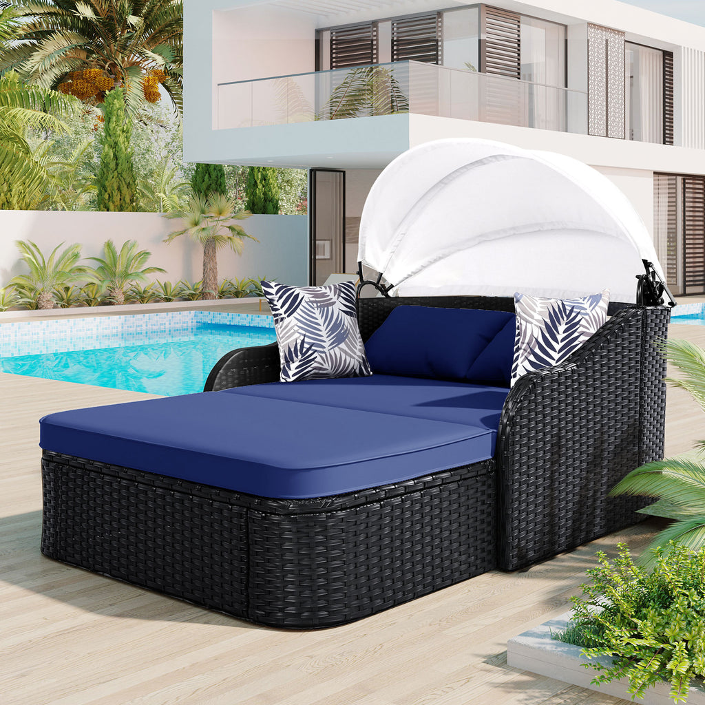 Anthony & Home double outdoor sunbed with adjustable canopy, PE rattan, part of the limited edition collection, perfect for relaxing outdoors.