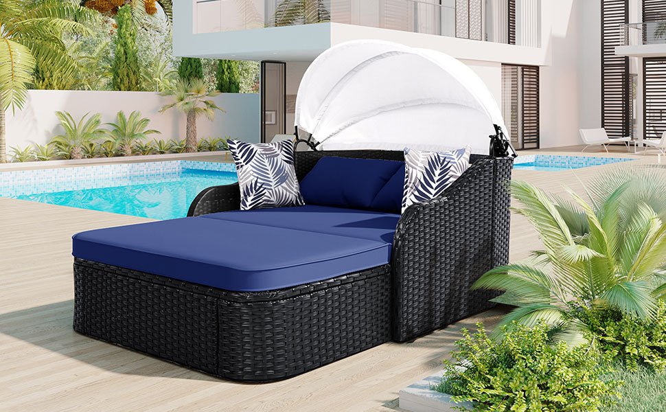 Anthony & Home outdoor double sunbed with adjustable canopy, PE rattan design, part of limited edition collection.