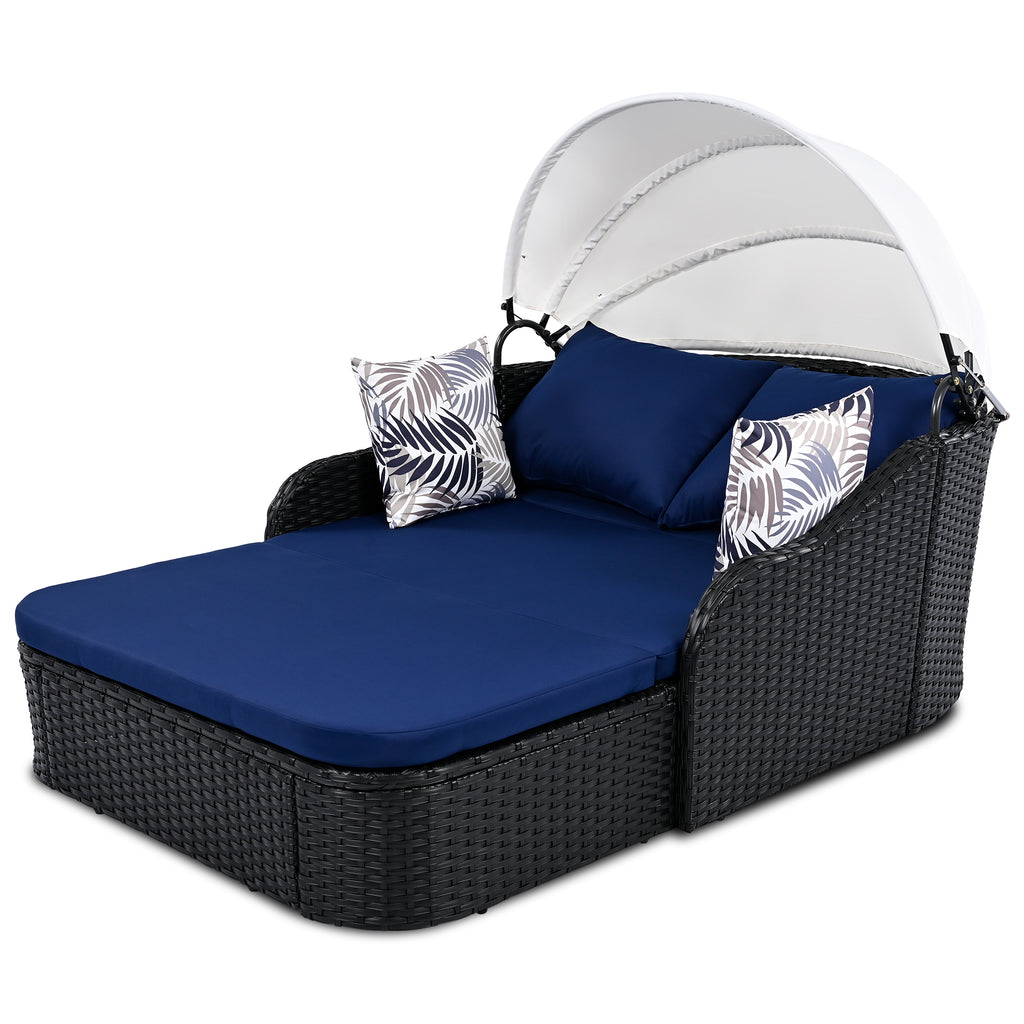 Anthony & Home double outdoor sunbed with adjustable canopy, PE rattan design, limited edition collection, perfect for outdoor relaxation.