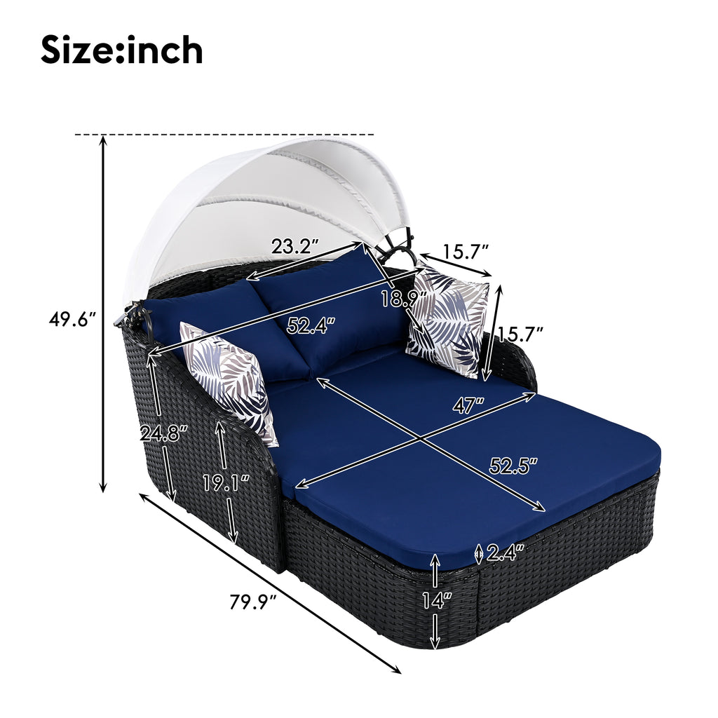 Anthony & Home outdoor double sunbed with adjustable canopy, PE rattan design, perfect for relaxing in the sun.