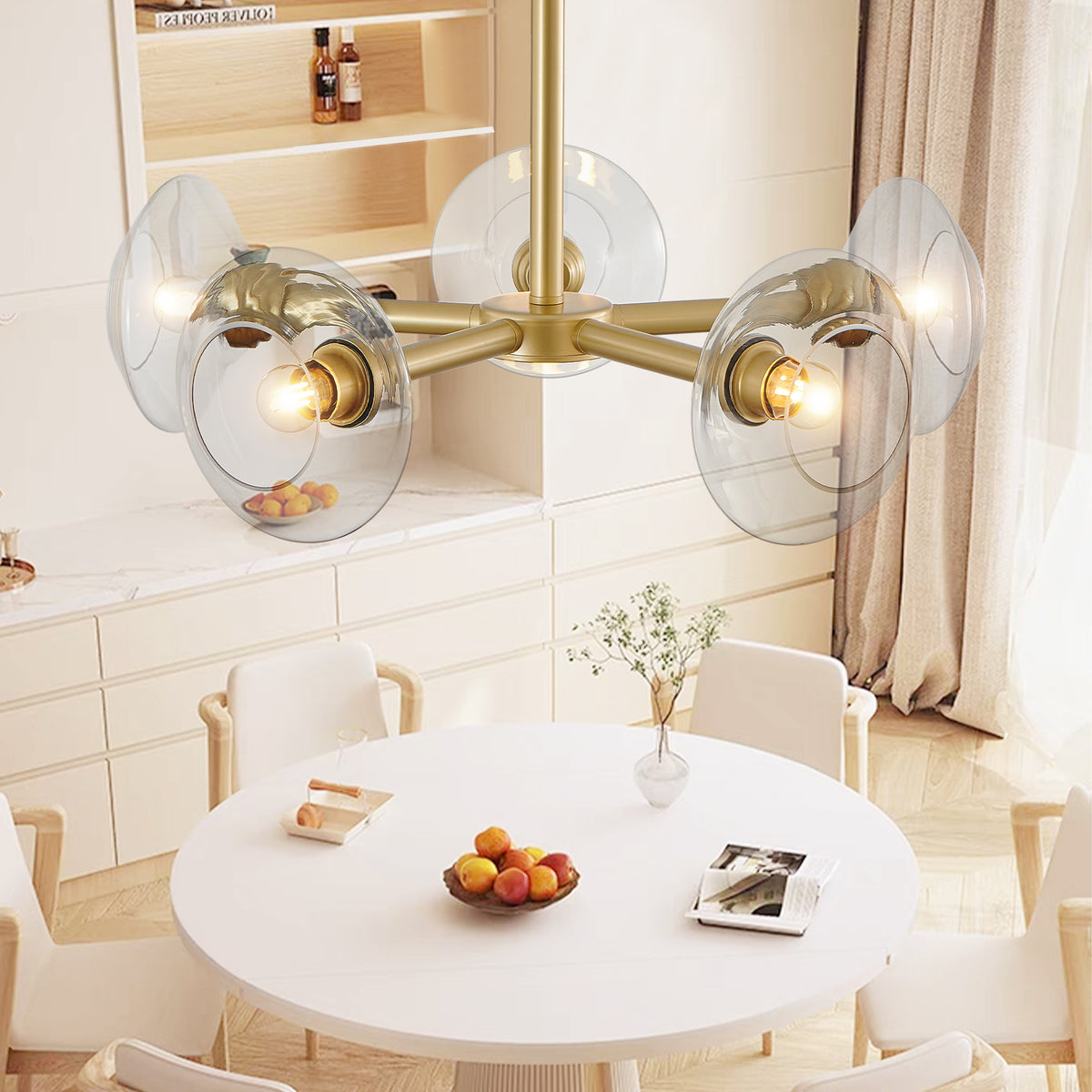 Gold iron Sputnik chandelier with five lights, contemporary atelier design by Anthony & Home, featuring a modern starburst style.
