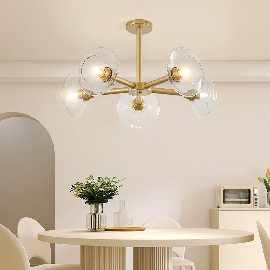 Gold iron Sputnik chandelier with five lights, vintage-style Atelier design by Anthony & Home, features a modern industrial look.