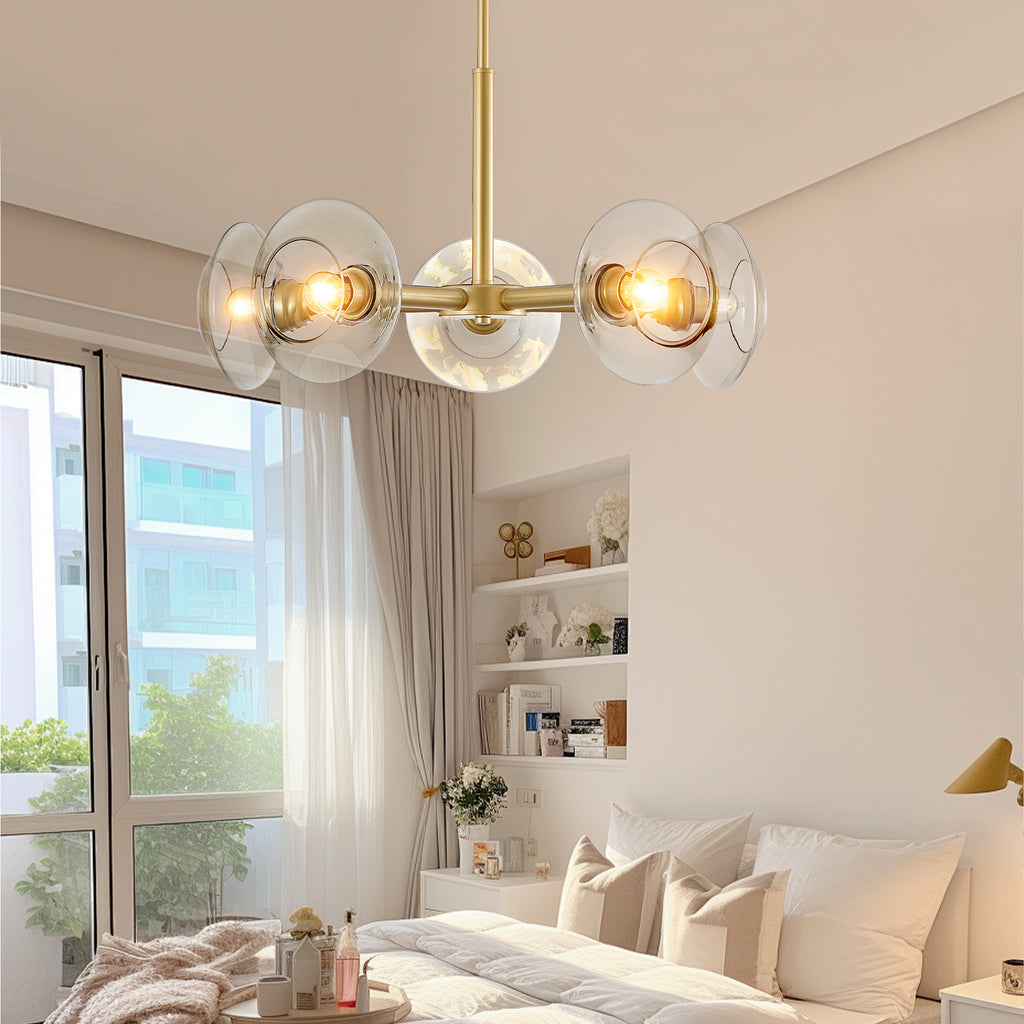 Gold iron Sputnik chandelier with 5 lights from Anthony & Home, featuring a modern, geometric design for contemporary interiors.