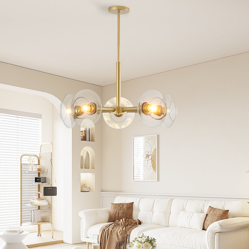 Gold iron Sputnik chandelier with five lights, modern Atelier design by Anthony & Home, featuring a sleek, geometric lighting fixture.