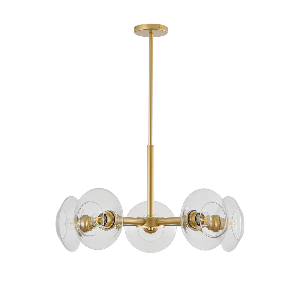 Gold iron Sputnik chandelier with five lights, contemporary Atelier style by Anthony & Home, hanging fixture with modern design.