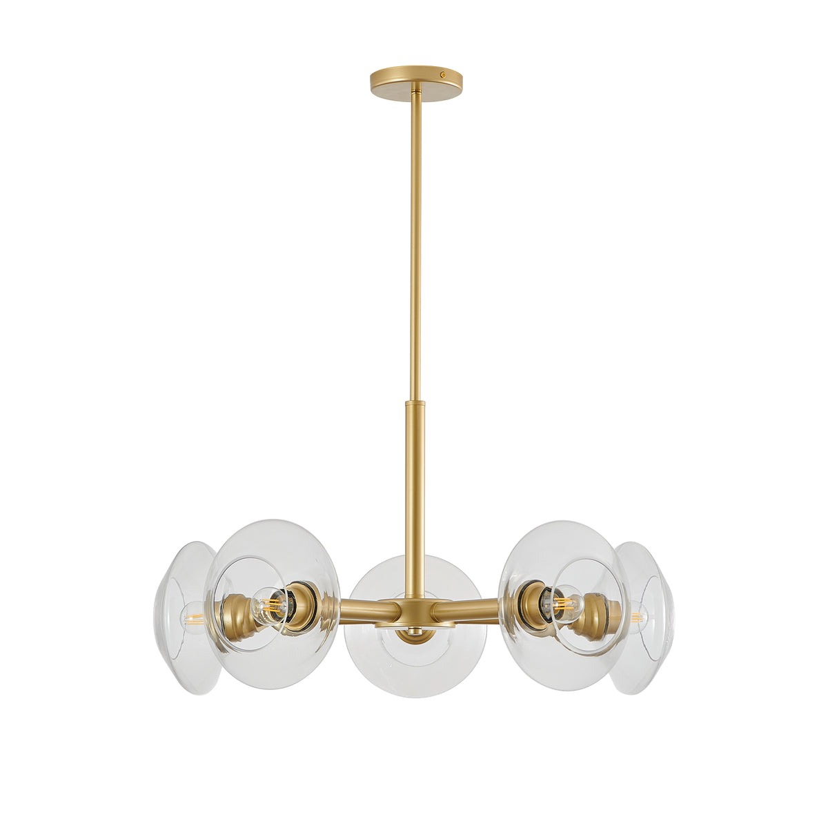 Gold iron Sputnik chandelier with five lights, contemporary Atelier style by Anthony & Home, hanging fixture with modern design.