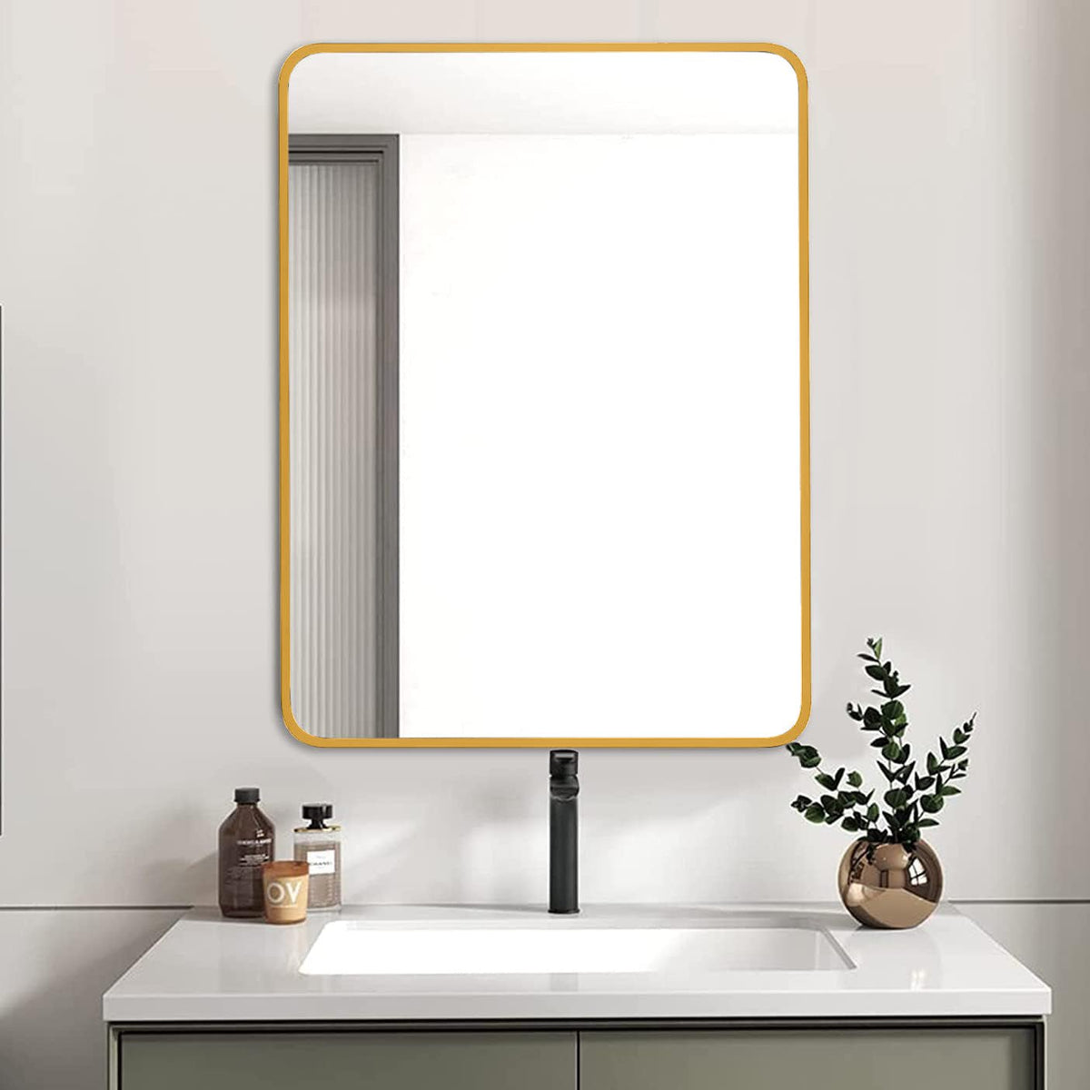 Rectangular gold metal frame bathroom mirror, 24x32 inches, wall-mounted, from Anthony & Home's exclusive collection